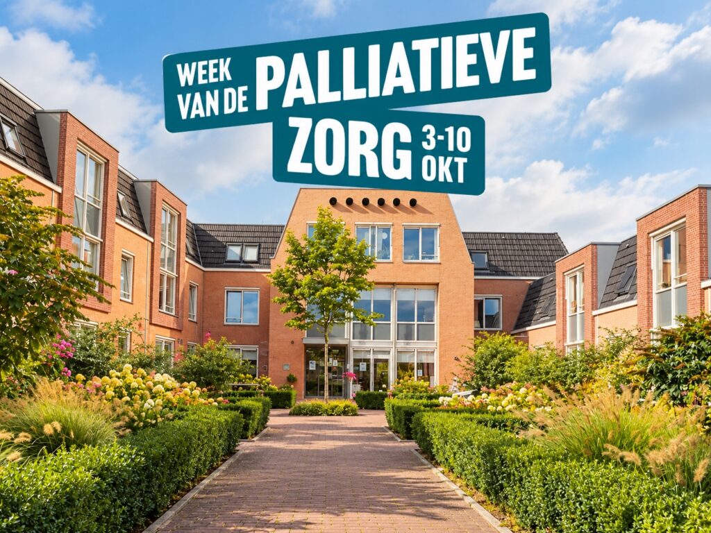 Het Botniahuis in Franeker met een tuin, met het logo Week van de Palliatieve Zorg