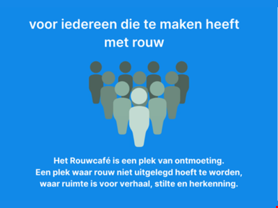 Blauwe flyer van het Rouwcafé, voor iedereen die te maken heeft met rouw
