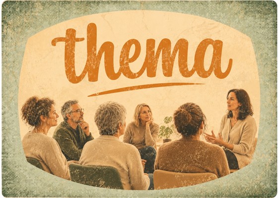 Vrouwen in een gesprekskring, met het woord thema